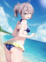 Rule 34 | 1girl, aoba (kancolle), ass, beach, bikini, bikini skirt, blue bikini, blue sky, breasts, cloud, cowboy shot, day, dutch angle, from behind, green eyes, highres, horizon, kantai collection, kotou yogen, looking at viewer, ocean, outdoors, ponytail, purple hair, short hair, sky, small breasts, smile, solo, standing, swimsuit