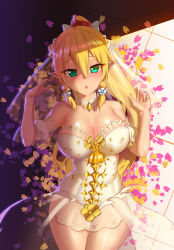 Rule 34 | 1girl, blonde hair, blush, braid, breasts, bridal veil, chou shippai-saku, collarbone, cowboy shot, detached collar, detached sleeves, dress, green eyes, hair between eyes, highres, large breasts, leafa, lips, long hair, looking at viewer, lying, md5 mismatch, on back, parted lips, pointy ears, ponytail, resolution mismatch, shiny skin, side braid, solo, source larger, sword art online, thighhighs, tile floor, tiles, twin braids, veil, very long hair, wedding dress