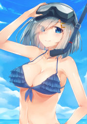 Rule 34 | 10s, 1girl, adjusting goggles, bare arms, bikini, blue bikini, blue eyes, blue sky, breasts, cleavage, cloud, collarbone, day, diving mask, diving mask on head, eyebrows, eyes visible through hair, frilled bikini, frills, front-tie bikini top, front-tie top, goggles, goggles on head, hair ornament, hair over one eye, hairclip, hamakaze (kancolle), highres, kantai collection, large breasts, mhong, navel, ocean, shiny skin, short hair, silver hair, sky, smile, snorkel, solo, stomach, strap gap, string bikini, swimsuit, underboob, upper body