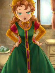 Rule 34 | 1girl, blue eyes, blush, breasts, brown hair, curly hair, dragon quest, dragon quest vii, drawer, dress, green dress, green eyes, hands on own hips, indoors, long hair, looking at viewer, maribel (dq7), okitsugu, open mouth, red hair, solo, standing, vase, window