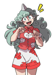 Rule 34 | 1girl, :d, absurdres, clenched hands, collared shirt, commentary, curly hair, eddybird55555, english commentary, fangs, green eyes, green hair, highres, horns, komainu, komano aunn, long hair, looking at viewer, open mouth, red shirt, shirt, shorts, simple background, single horn, smile, solo, touhou, white background, white shorts