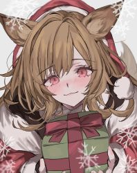 Rule 34 | 1girl, :3, alternate costume, animal ear fluff, animal ears, aogisa, arknights, blush, box, brown hair, ceobe (arknights), closed mouth, commentary, dog ears, dog girl, dog tail, fur trim, gift, gift box, hat, highres, holding, holding gift, long hair, looking at viewer, red eyes, red hat, santa costume, santa hat, smile, snowflakes, solo, symbol-only commentary, tail, upper body