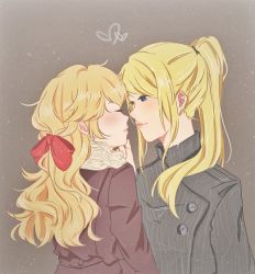 Rule 34 | 2girls, alternate costume, alternate hairstyle, arm at side, blonde hair, blue eyes, blush, bow, brown jacket, closed eyes, closed mouth, coat, couple, crossover, earrings, female focus, grabbing another&#039;s chin, grey background, grey jacket, hair bow, hair over shoulder, half-closed eyes, half updo, hand on another&#039;s chin, heart, imminent kiss, jacket, jewelry, lips, long hair, long sleeves, looking at another, mario (series), metroid, multiple girls, neck, nintendo, parted lips, ponytail, princess peach, raincoat, red bow, samus aran, scarf, shiyu (moyamoyamoyase), simple background, snowing, super smash bros., trench coat, upper body, wavy hair, yuri