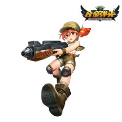 Rule 34 | 1girl, baseball cap, boots, brown eyes, brown footwear, brown hat, brown jacket, brown shorts, chinese commentary, copyright name, fio germi, full body, gun, hat, holding, holding gun, holding weapon, jacket, knee pads, lisong shen, looking at viewer, medium hair, metal slug, open mouth, orange hair, ponytail, shirt, shorts, simple background, solo, weapon, white background, white shirt