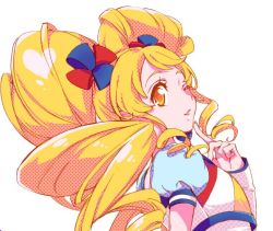 Rule 34 | 10s, 1girl, alternate form, blonde hair, chiyo (rotsurechiriha), cure honey, cure honey (popcorn cheer), happinesscharge precure!, long hair, magical girl, one eye closed, oomori yuuko, precure, solo, twintails, white background, wrist cuffs, yellow eyes