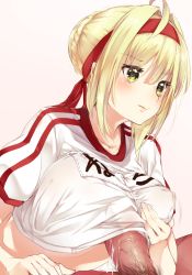 Rule 34 | absurdres, ahoge, blonde hair, braid, breasts squeezed together, breasts, clothed sex, cum, ejaculation, ejaculation under clothes, fate/grand order, fate (series), french braid, green eyes, gym shirt, gym uniform, hair bun, hair intakes, headband, hetero, highres, large breasts, name tag, nero claudius (fate), nero claudius (fate) (all), nero claudius (fate/extra), nero claudius (olympian bloomers) (fate), official alternate costume, paizuri, paizuri under clothes, penis, perpendicular paizuri, red headband, shirt, single hair bun, solo focus, suwakana, white shirt