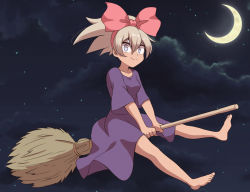 Rule 34 | 1girl, barefoot, bea (pokemon), blonde hair, blush, bow hairband, breasts, broom, closed mouth, collarbone, commentary request, cosplay, creatures (company), crescent moon, dress, full body, game freak, grey eyes, hair between eyes, hairband, holding, kiki (majo no takkyuubin), kiki (majo no takkyuubin) (cosplay), kurachi mizuki, majo no takkyuubin, medium hair, moon, night, nintendo, outdoors, pink hairband, pokemon, pokemon swsh, purple dress, riding, sitting, sky, smile, solo, split mouth, toes