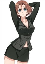 Rule 34 | 1girl, azumi (girls und panzer), blue eyes, blush, breasts, brown hair, cleavage, closed mouth, collarbone, girls und panzer, green skirt, highres, large breasts, looking at viewer, military uniform, miniskirt, navel, omachi (slabco), selection university military uniform, short hair, simple background, skirt, smile, solo, uniform, white background