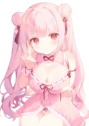 Rule 34 | 1girl, absurdres, babydoll, bare shoulders, blunt bangs, blush, bow, breasts, cleavage, closed mouth, double bun, fox shadow puppet, frills, hair bun, highres, indie virtual youtuber, kitutuki renge, large breasts, lingerie, long hair, looking at viewer, panties, pink eyes, pink hair, pink panties, ribbon, ribbon trim, sample watermark, simple background, sitting, smile, solo, underwear, usanta, very long hair, watermark, white background, wrist cuffs