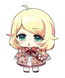 Rule 34 | 1girl, :o, ahoge, bag, blonde hair, blush, bow, bowtie, brown bag, brown dress, checkered clothes, checkered dress, chibi, commentary, dodotsuki, dot nose, dress, full body, green eyes, hair bow, hair flaps, highres, idolmaster, idolmaster cinderella girls, long sleeves, looking ahead, low twintails, medium hair, red bow, red bowtie, shoulder bag, socks, solo, standing, twintails, white background, white socks, yusa kozue