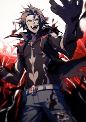Rule 34 | 1boy, arm up, belt, belt buckle, bracelet, buckle, collared jacket, dark-skinned male, dark skin, energy, energy ball, evil smile, fangs, grey hair, highres, jacket, jewelry, male focus, minamimoto shou, navel, necklace, open clothes, open jacket, open mouth, pants, smile, solo, solo focus, spiked hair, subarashiki kono sekai, tattoo, topless male, torn clothes, torn jacket, torn legwear, torn pants, torn sleeves, yellow eyes