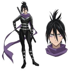 Rule 34 | 1boy, androgynous, black hair, character sheet, concept art, full body, ninja, official art, one-punch man, onsoku no sonic, scarf, serious, simple background, skin tight, trap