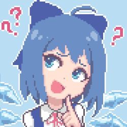 Rule 34 | 1girl, ?, ??, ahoge, blue background, blue bow, blue eyes, blue hair, border, bow, cirno, hair bow, hand up, hcnone, ice, ice wings, index finger raised, open mouth, pixel art, portrait, short hair, simple background, smile, solo, touhou, white border, wings