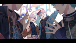 Rule 34 | 4boys, aiue o eiua, arm up, backlighting, baseball cap, black hoodie, black jacket, blue hair, blue jacket, blue shirt, blurry, blurry foreground, brown jacket, commentary request, faceless, faceless male, flag, fur-trimmed jacket, fur trim, green hair, hat, highres, hood, hoodie, idolish7, inumaru toma, isumi haruka, jacket, letterboxed, light blue hair, looking at another, looking back, male focus, multiple boys, open mouth, osaka sougo, pants, purple pants, red headwear, shaded face, shirt, short hair, short ponytail, sidelocks, signpost, simple background, smile, upper body, waving, white background, yotsuba tamaki