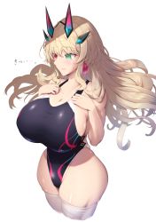 Rule 34 | 1girl, bare shoulders, blonde hair, blush, breasts, cleavage, collarbone, competition swimsuit, earrings, barghest (fate), fate/grand order, fate (series), green eyes, heterochromia, highres, horns, huge breasts, jewelry, long hair, one-piece swimsuit, revision, shiroshisu, sidelocks, solo, sweatdrop, swimsuit, thighhighs, white thighhighs