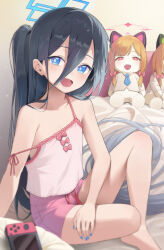 Rule 34 | 1girl, absurdly long hair, absurdres, alternate costume, aris (blue archive), bare arms, bare legs, bare shoulders, barefoot, bed, black hair, blue archive, blue eyes, bright pupils, camisole, character doll, collarbone, flat chest, from side, hair between eyes, halo, highres, indoors, korean commentary, legs, long bangs, long hair, looking at viewer, merong (sou47897), midori (blue archive), momoi (blue archive), nintendo switch, open mouth, pink camisole, pink shorts, short shorts, shorts, side ponytail, sitting, smile, solo, strap slip, very long hair, white pupils