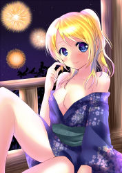 Rule 34 | 10s, 1girl, ayase eli, bad id, bad pixiv id, blonde hair, blue eyes, breasts, cleavage, fireworks, hamico, highres, holding, holding own hair, japanese clothes, kimono, legs, light smile, looking at viewer, loose clothes, love live!, love live! school idol festival, love live! school idol project, medium breasts, ponytail, sitting, sky, solo, star (sky), starry sky
