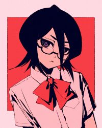 Rule 34 | 1girl, bespectacled, black hair, bleach, blue eyes, border, bow, bowtie, breast pocket, breasts, close-up, collared shirt, commentary, dress shirt, glasses, hair over one eye, high contrast, kuchiki rukia, long bangs, looking at viewer, looking over eyewear, moshimoshibe, outside border, petite, pocket, portrait, red-framed eyewear, red background, red bow, red bowtie, ringed eyes, romaji commentary, school uniform, semi-rimless eyewear, shirt, short hair, short sleeves, small breasts, thick eyebrows, under-rim eyewear, v-shaped eyebrows, white border, white shirt