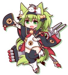 Rule 34 | 1girl, :d, animal ears, azur lane, bell, black capelet, black hairband, black ribbon, black thighhighs, blush, capelet, dress, eyebrows, fang, folding fan, fox ears, fox tail, full body, green eyes, green hair, hair bell, hair between eyes, hair ornament, hair ribbon, hairband, hand fan, holding, holding fan, isokaze (azur lane), jingle bell, leg up, long hair, long sleeves, looking at viewer, machinery, naga u, no nose, object on head, open mouth, outstretched arm, paw print, ribbon, short dress, silhouette, simple background, smile, solo, tabi, tail, tassel, thick eyebrows, thighhighs, torpedo, turret, v-shaped eyebrows, white background, white dress, wide sleeves, x x, zettai ryouiki
