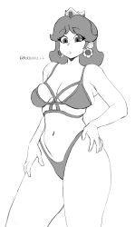Rule 34 | 1girl, artist name, bare arms, bare shoulders, bikini, breasts, cleavage, contrapposto, crown, earrings, eyelashes, flower earrings, greyscale, hand on own hip, hand on own thigh, highleg, highleg bikini, highres, jewelry, large breasts, mario (series), medium hair, monochrome, mordoskull2, navel, nintendo, parted lips, princess daisy, simple background, solo, stomach, super mario land, swimsuit, thighs, twitter username, white background