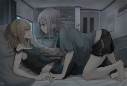 Rule 34 | 2girls, arched back, bed, black shorts, black tank top, blonde hair, clothes hanger, dishes, door, earrings, glass, grey hair, grin, highres, interlocked fingers, jewelry, looking at another, multiple girls, original, piercing, plate, shorts, smile, tabao, tank top, television, underwear, yuri