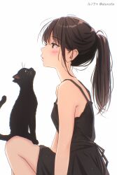 Rule 34 | 1girl, black cat, black dress, blush, breasts, brown eyes, brown hair, cat, closed mouth, dress, from side, highres, knee up, looking ahead, original, ponytail, simple background, sleeveless, sleeveless dress, small breasts, solo, twitter username, upper body, white background, yuluvine