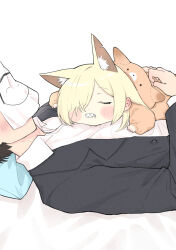 Rule 34 | 1boy, 1girl, aged down, animal costume, animal ear fluff, animal ears, doodle sensei (blue archive), bed, bed sheet, black hair, blonde hair, blue archive, business suit, commentary request, dog costume, dog ears, dog girl, drooling, extra ears, faceless, faceless male, formal, hair over one eye, highres, hug, kanna (blue archive), long bangs, long hair, long sleeves, lying on person, on bed, out of frame, pillow, sensei (blue archive), sharp teeth, shirt, sidelocks, simple background, sleeping, sleeping on person, sleepwear, suit, teeth, white shirt, yosik