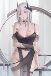 Rule 34 | 1girl, arknights, black dress, blue nails, breasts, cleavage, clothing cutout, demon girl, demon horns, dress, ear piercing, female focus, groin, hair ornament, highres, horns, large breasts, looking at viewer, mudrock (arknights), mudrock (obsidian) (arknights), nail polish, navel, navel cutout, no panties, official alternate costume, piercing, pixiv id, pointy ears, red hair, resolution mismatch, rifu (643763873), see-through, skindentation, solo, source smaller, strap slip, thigh strap, watermark, web address