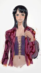 Rule 34 | 1girl, bag, black hair, blue eyes, blunt bangs, collared shirt, crop top, cross-laced clothes, cross-laced top, highres, linerynlasgalen, looking at viewer, navel, nico robin, one piece, purple shirt, shirt, shoulder bag, simple background, solo, upper body, white background