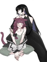 Rule 34 | 2girls, = =, animal ears, bandaid, bandaid on arm, black bow, black choker, black dress, black hair, black nails, blue hair, blush, bocchi the rock!, bow, braid, cat ears, cat girl, cat tail, chinese commentary, choker, collarbone, colored inner hair, commentary request, deerwhisky, dress, ear bar, ear piercing, green dress, green eyes, grin, hair bow, highres, hime cut, hiroi kikuri, indian style, jacket, jewelry, juliet sleeves, kemonomimi mode, long hair, long sleeves, looking at viewer, multicolored hair, multiple girls, nail polish, open clothes, open jacket, pa-san, parted lips, partial commentary, piercing, puffy sleeves, purple hair, ring, sharp teeth, simple background, single braid, sitting, smile, spaghetti strap, strap slip, tail, teeth, toenail polish, toenails, two-tone hair, white background, white jacket
