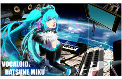 Rule 34 | 1girl, aircraft, aqua eyes, aqua hair, detached sleeves, fingerless gloves, floating hair, glider, glider (bon), glider (piapro), gloves, hatsune miku, instrument, keyboard, keyboard (instrument), lips, long hair, open mouth, smile, solo, space, spacecraft, speaker, strapless, tube top, twintails, very long hair, vocaloid