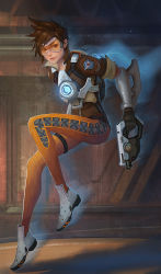 Rule 34 | 1girl, brown hair, goggles, gun, handgun, highres, looking at viewer, overwatch, overwatch 1, solo, tracer (overwatch), weapon, yagaminoue
