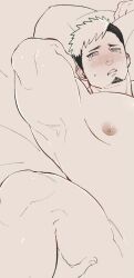 Rule 34 | 1boy, arm behind head, armpits, bara, blush, completely nude, facial hair, goatee, hand on another&#039;s thigh, highres, ikusaba daisuke, implied yaoi, looking at another, lying, male focus, monochrome, multicolored hair, muscular, muscular male, nude, on back, on bed, out-of-frame censoring, out of frame, pov, pov hands, presenting armpit, solo focus, spot color, spread legs, sweat, tearing up, tears, tokyo houkago summoners, two-tone hair, undercut, wanijima