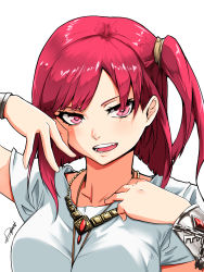 Rule 34 | 1girl, 9bank thedg, arm up, blunt bangs, blunt ends, bracelet, breasts, chain, collarbone, eyelashes, fang, hand on own cheek, hand on own chest, hand on own face, highres, jewelry, looking at viewer, magi the labyrinth of magic, medium breasts, morgiana, necklace, open mouth, red eyes, red hair, round teeth, short hair, short sleeves, side ponytail, signature, smile, smug, teeth, tongue, upper body