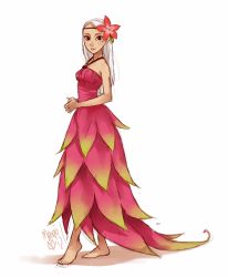 Rule 34 | 1girl, bare arms, bare shoulders, barefoot, black eyes, brown eyes, dark-skinned female, dark skin, dragon fruit, dress, flower, food-themed clothes, full body, hair flower, hair ornament, headband, interlocked fingers, long hair, looking at viewer, meago, mole, mole under eye, original, own hands together, personification, pink dress, signature, simple background, sketch, solo, themed object, white background, white hair