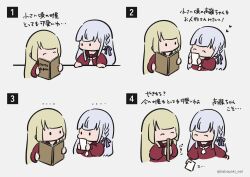 Rule 34 | ..., 2girls, ^ ^, assault lily, blonde hair, blunt bangs, book, braid, brown sailor collar, chibi, closed eyes, comic, cropped torso, eye contact, facing another, grey background, grey hair, hair ribbon, hands up, heart, highres, holding, holding book, holding photo, kabayaki (kabayaki eel), kanba girls high school uniform, kon kanaho, long hair, long sleeves, looking at another, miyagawa takane, multiple girls, necktie, no mouth, open book, photo (object), purple ribbon, red shirt, ribbon, sailor collar, school uniform, serafuku, shirt, short necktie, side braid, simple background, solid oval eyes, translated, twitter username, white necktie