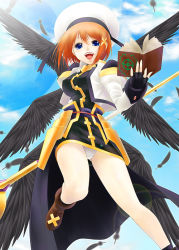 Rule 34 | 00s, 1girl, ayato, blue eyes, book, brown hair, feathers, hair ornament, lyrical nanoha, mahou shoujo lyrical nanoha, mahou shoujo lyrical nanoha strikers, open mouth, panties, schwertkreuz, short hair, solo, staff, tome of the night sky, underwear, unison (nanoha), wings, x hair ornament, yagami hayate