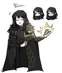 Rule 34 | 0o0onnk, 1girl, black cape, black dress, black hair, cape, clenched hand, closed eyes, dress, gold trim, highres, jewelry, library of ruina, medium hair, multiple rings, multiple views, open mouth, project moon, ring, simple background, sketch, smile, sparkle, translation request, upper body, white background, zena (project moon)