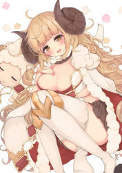 Rule 34 | 10s, 1girl, anila (granblue fantasy), bad id, bad pixiv id, blonde hair, blush, breasts, brown eyes, cleavage, draph, granblue fantasy, haru mari, highres, horns, long hair, looking at viewer, sheep, sheep horns, simple background, solo, thighhighs, white background, white thighhighs