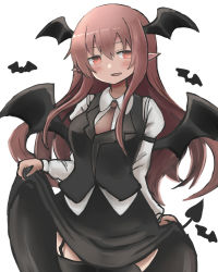 Rule 34 | 1girl, :d, aoiyamagi4, bat (animal), bat wings, black skirt, blush, breasts, cowboy shot, demon tail, garter straps, head wings, koakuma, long hair, medium breasts, necktie, open mouth, pointy ears, red eyes, red hair, simple background, skirt, smile, solo, tail, thighhighs, touhou, very long hair, vest, white background, wings
