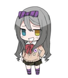 Rule 34 | 1girl, blue eyes, chibi, commentary, erubo, grey hair, hand on own hip, heterochromia, long hair, lowres, lucia fagerholm, original, school uniform, simple background, skirt, solo, striped clothes, striped thighhighs, thighhighs, white background, yellow eyes