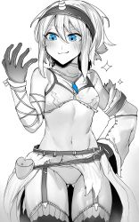 Rule 34 | 1girl, absurdres, armor, blue eyes, detached sleeves, elbow gloves, fur trim, gloves, hairband, highres, horns, jewelry, kirin (armor), midriff, monster hunter (series), navel, necklace, niwarhythm, pendant, pouch, single horn, smile, solo, spot color, thighhighs, underwear