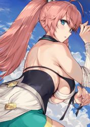 Rule 34 | 1girl, ahoge, back, bare shoulders, blue eyes, blue sky, blush, braid, breasts, day, detached sleeves, dragalia lost, dress, green shorts, haoni, highres, large breasts, long hair, looking at viewer, looking back, louise (dragalia lost), parted lips, pink hair, shorts, side braid, sideboob, sky, solo, white dress
