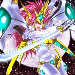 Rule 34 | 1girl, banpresto, breasts, cherry blossoms, female focus, full moon, highres, katana, long hair, mecha, moon, open mouth, pink hair, puspus, robot, solo, super robot wars, super robot wars the lord of elemental, sword, valsione r, weapon, yellow eyes