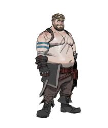 Rule 34 | 1boy, absurdres, arm tattoo, bandages, bara, beard, belly, belt, belt pouch, blacksmith, blonde hair, brown pants, chest harness, closed mouth, facial hair, fat, fat man, felix (luna sanctus), full body, goggles, goggles on head, green eyes, harness, highres, luna sanctus, male focus, mustache, navel, nipples, obese, pants, pectorals, philipposole, pouch, scar, scar on arm, scar on chest, short hair, solo, tattoo, thick eyebrows, topless male, work boots, work gloves