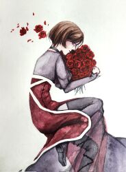 Rule 34 | 1girl, asymmetrical hair, bags under eyes, black choker, black footwear, boots, bouquet, brown hair, choker, corrupted twitter file, dress, evillious nendaiki, fetal position, flower, highres, holding, holding bouquet, long sleeves, looking at viewer, lying, majo salmhofer no toubou (vocaloid), meiko (vocaloid), meta28050, meta salmhofer, on side, painting (medium), parted lips, petals, profile, red dress, red flower, red rose, rose, rose petals, see-through, see-through dress, short hair, sidecut, sideways glance, solo, thigh boots, thorns, traditional media, undercut, watercolor (medium)