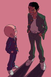 Rule 34 | 2boys, bald, belt, black hair, character request, gakuran, green jacket, green pants, hands in pockets, highres, jacket, looking at another, maiko (setllon), male focus, mitsume ga tooru, multiple boys, open clothes, open jacket, pants, pink background, pointy ears, scar, scar on face, scar on forehead, school uniform, shadow, sharaku hosuke, sharp teeth, shirt, simple background, teeth, white belt, white footwear, white shirt