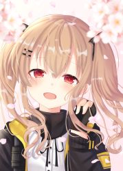 Rule 34 | 1girl, arm up, bad id, bad pixiv id, black jacket, blurry, blush, branch, cherry blossoms, day, depth of field, fingerless gloves, girls&#039; frontline, gloves, hair between eyes, hair ornament, hair ribbon, hairclip, head tilt, highres, hood, hood down, hooded jacket, jacket, light brown hair, looking at viewer, nibosi, open mouth, outdoors, petals, red eyes, ribbon, scar, scar across eye, scar on face, shirt, solo, standing, twintails, ump9 (girls&#039; frontline), upper body, white shirt