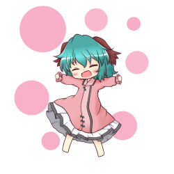 Rule 34 | 1girl, animal ears, blush, dress, closed eyes, female focus, full body, green hair, kasodani kyouko, open mouth, outstretched arms, seki514, short hair, smile, solo, spread arms, standing, touhou, white background
