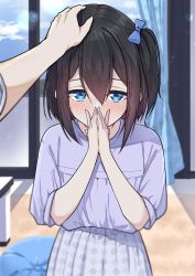 Rule 34 | 1boy, 1girl, blue bow, blue sky, blush, bow, cloud, commentary request, covered mouth, curtains, day, hair between eyes, hair bow, headpat, highres, indoors, looking at viewer, one side up, original, own hands together, pleated skirt, puffy short sleeves, puffy sleeves, purple shirt, shirt, short sleeves, skirt, sky, suzunari shizuku, white skirt, window, yuki arare